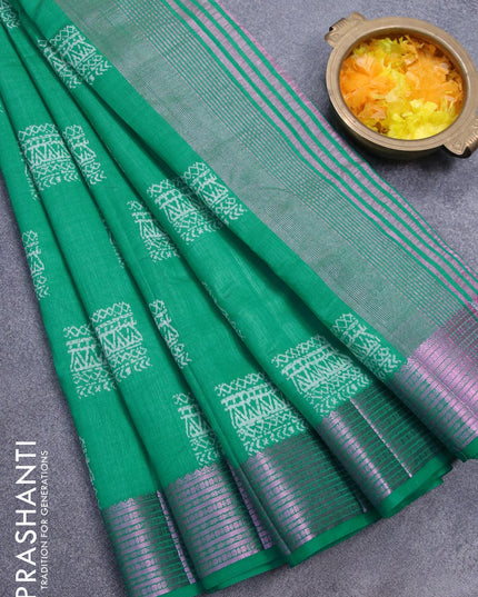 Semi raw silk saree green with box type butta prints and pink zari woven border - {{ collection.title }} by Prashanti Sarees