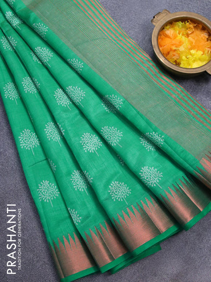 Semi raw silk saree green with butta prints and temple design copper zari woven border - {{ collection.title }} by Prashanti Sarees