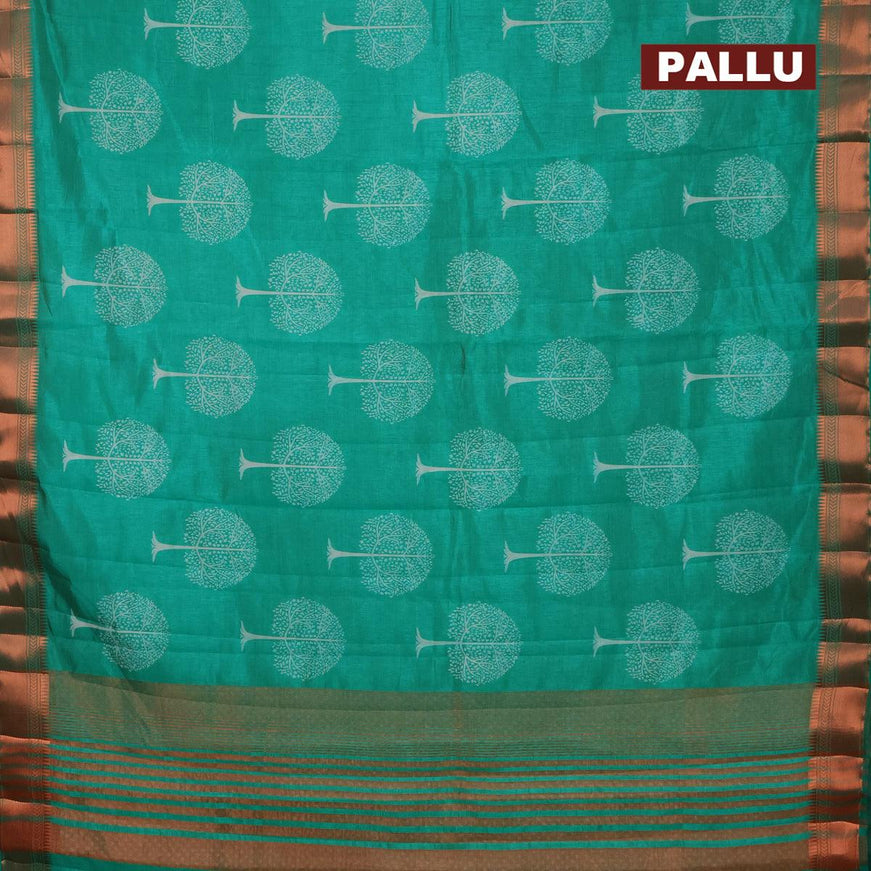 Semi raw silk saree green with tree butta prints and copper zari woven border - {{ collection.title }} by Prashanti Sarees