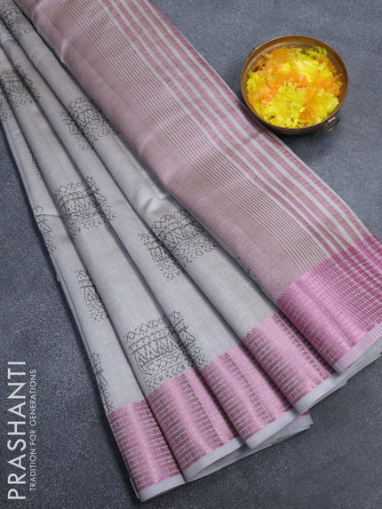Semi raw silk saree grey shade with box type butta prints and pink zari woven border - {{ collection.title }} by Prashanti Sarees