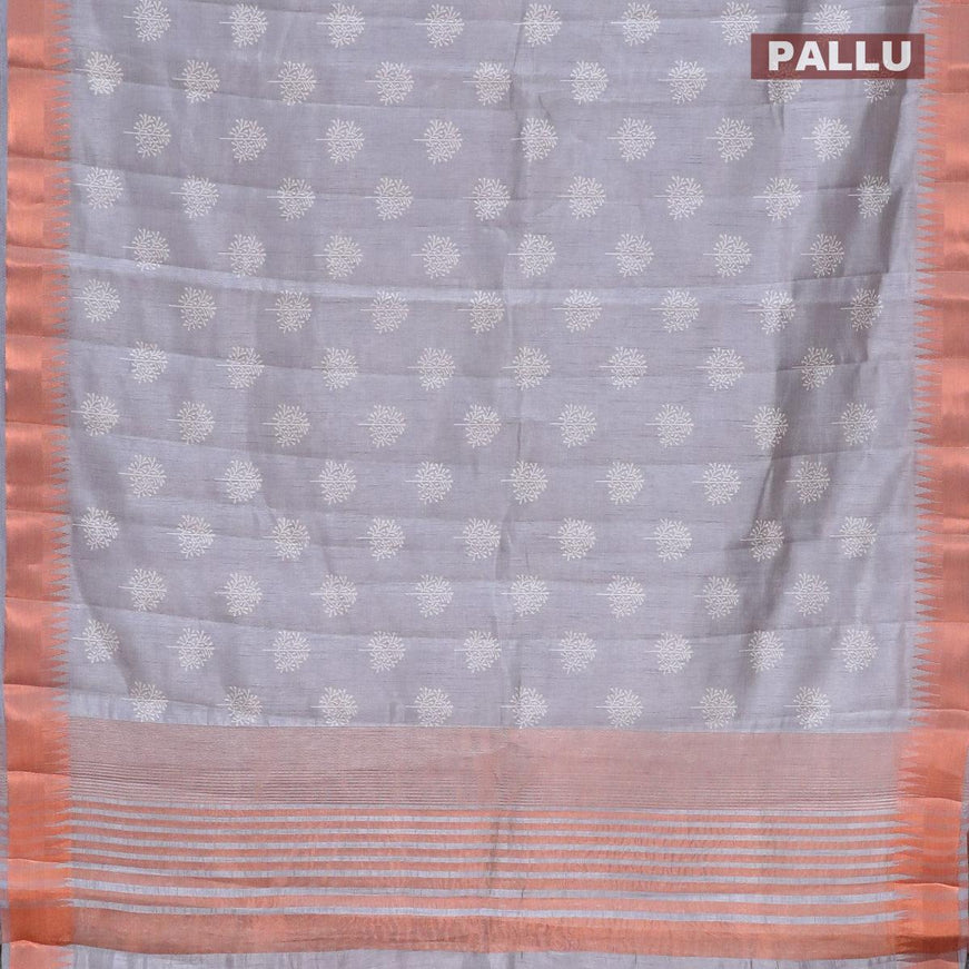 Semi raw silk saree grey shade with butta prints and temple design copper zari woven border - {{ collection.title }} by Prashanti Sarees