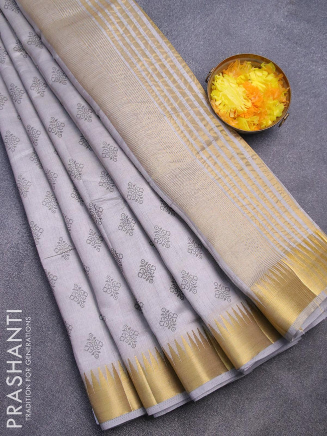 Semi raw silk saree grey shade with butta prints and temple design zari woven border - {{ collection.title }} by Prashanti Sarees