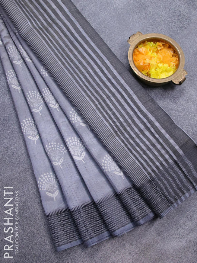 Semi raw silk saree grey shade with floral butta prints with woven border - {{ collection.title }} by Prashanti Sarees