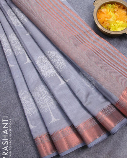 Semi raw silk saree grey shade with tree butta prints and copper zari woven border - {{ collection.title }} by Prashanti Sarees