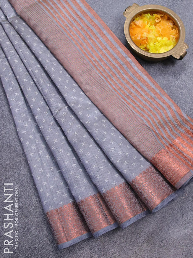 Semi raw silk saree grey with allover prints and copper zari woven border - {{ collection.title }} by Prashanti Sarees