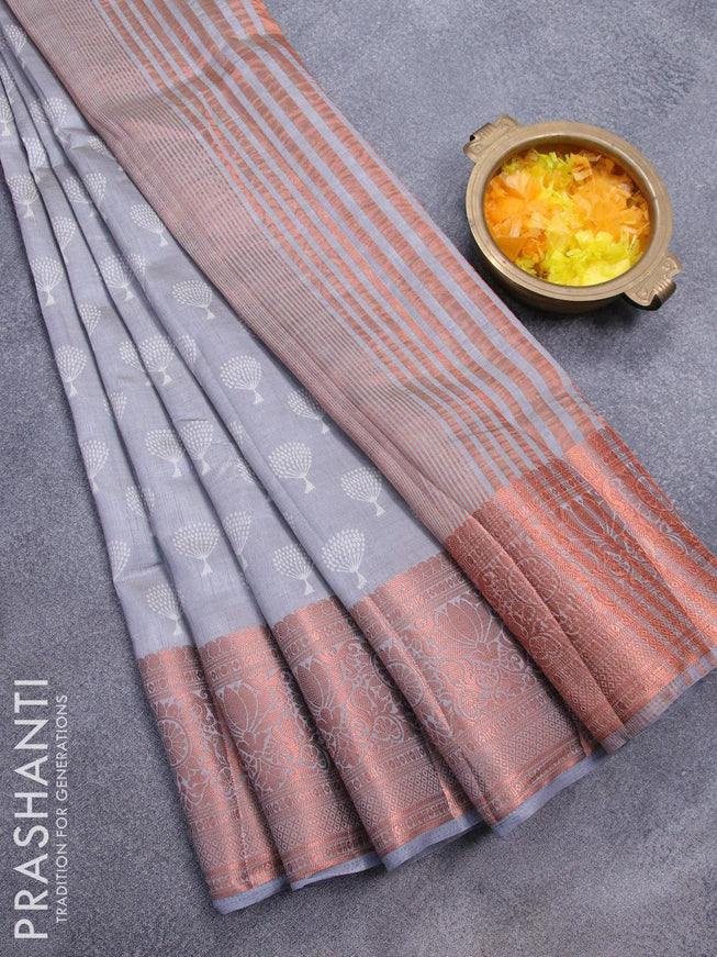 Semi raw silk saree grey with butta prints and copper zari woven border - {{ collection.title }} by Prashanti Sarees