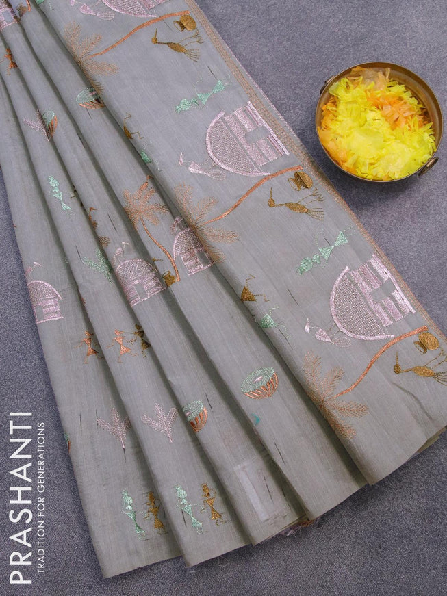 Semi raw silk saree grey with embroidery work buttas in borderless style - {{ collection.title }} by Prashanti Sarees