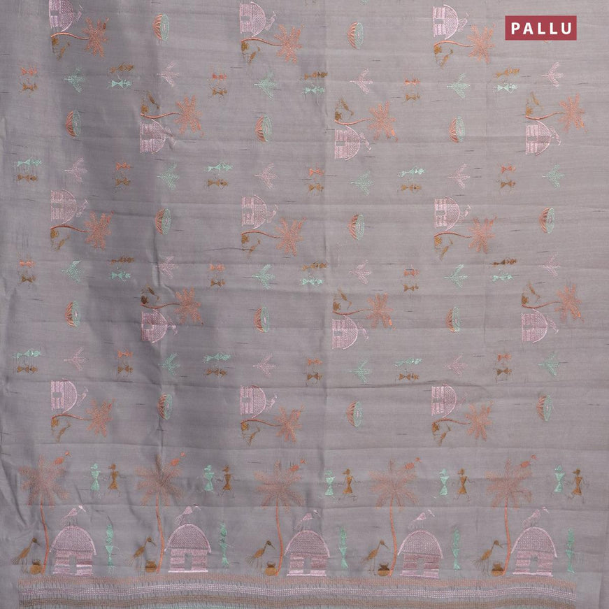Semi raw silk saree grey with embroidery work buttas in borderless style - {{ collection.title }} by Prashanti Sarees