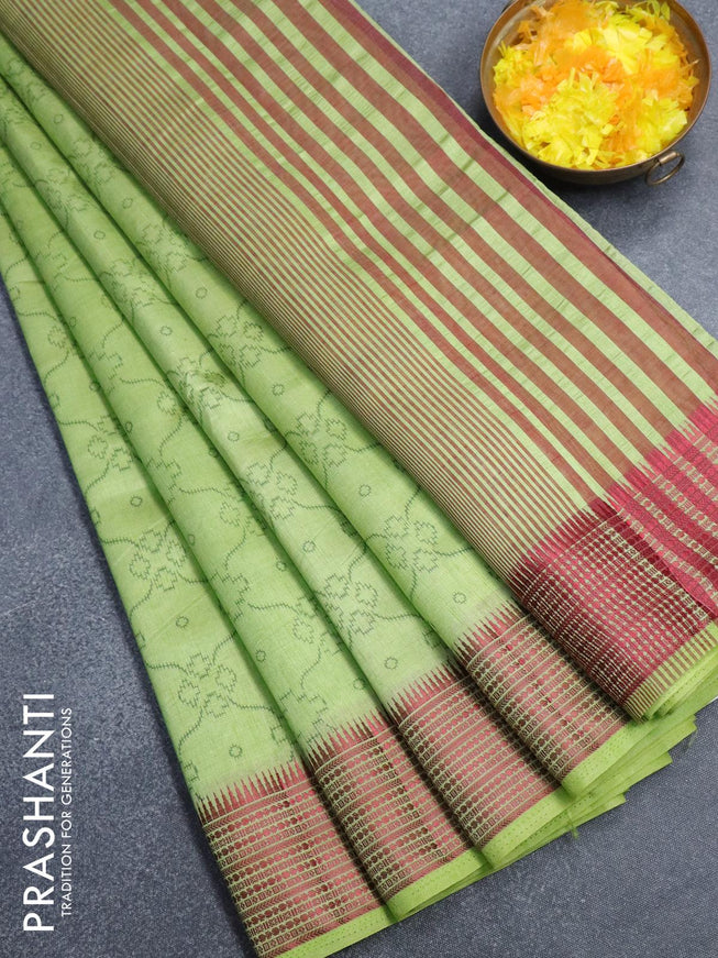 Semi raw silk saree light green with allover prints and woven border - {{ collection.title }} by Prashanti Sarees