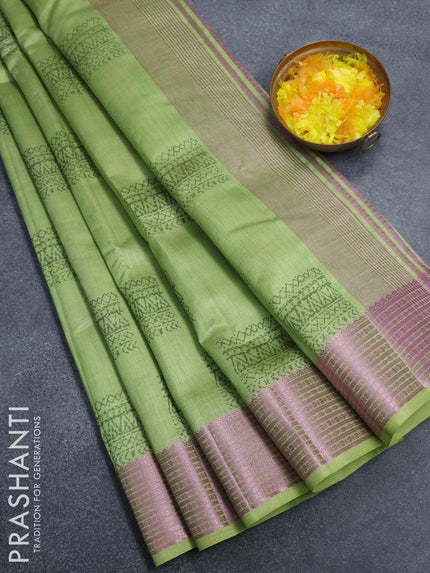 Semi raw silk saree light green with box type butta prints and pink zari woven border - {{ collection.title }} by Prashanti Sarees
