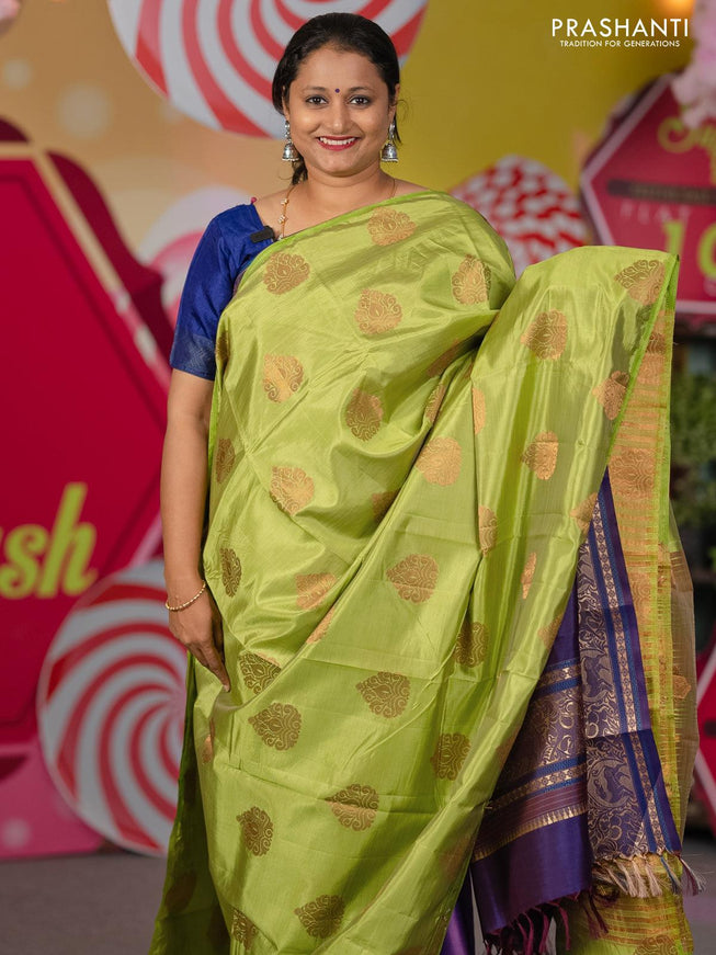 Semi raw silk saree light green with zari woven buttas in borderless style - {{ collection.title }} by Prashanti Sarees