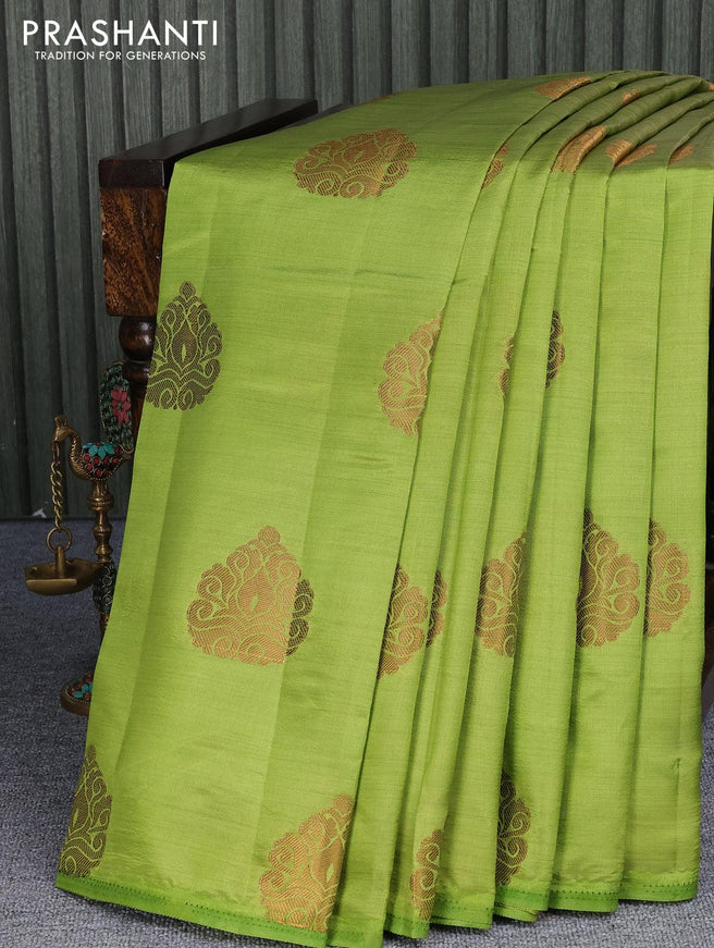 Semi raw silk saree light green with zari woven buttas in borderless style - {{ collection.title }} by Prashanti Sarees
