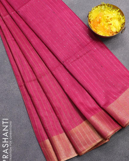 Semi raw silk saree magenta pink with allover stripes pattern and sequin work pallu & embroidery work readymade blouse - {{ collection.title }} by Prashanti Sarees