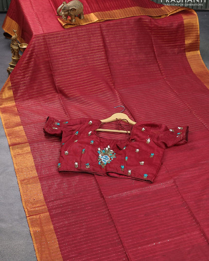 Semi raw silk saree maroon with allover stripes pattern and sequin work pallu & embroidery work readymade blouse - {{ collection.title }} by Prashanti Sarees
