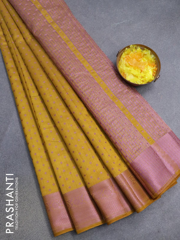Semi raw silk saree mustard yellow with allover pink zari woven 1000 buttas and pink zari woven border - {{ collection.title }} by Prashanti Sarees