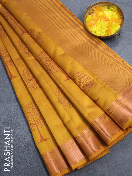 Semi raw silk saree mustard yellow with tree butta prints and copper zari woven border - {{ collection.title }} by Prashanti Sarees