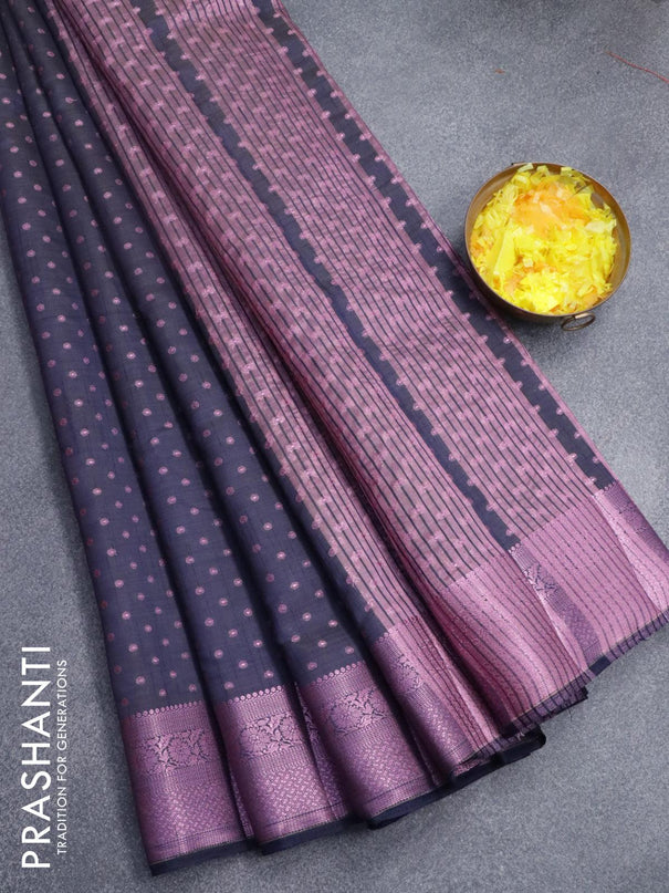 Semi raw silk saree navy blue with allover pink zari woven 1000 buttas and pink zari woven border - {{ collection.title }} by Prashanti Sarees