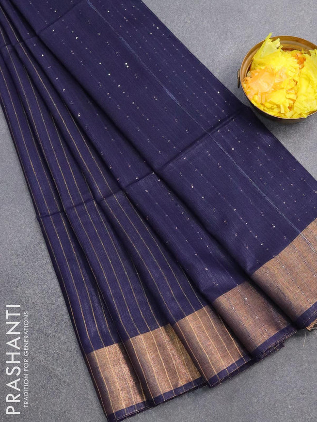 Semi raw silk saree navy blue with allover stripes pattern and sequin work pallu & embroidery work readymade blouse - {{ collection.title }} by Prashanti Sarees