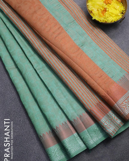 Semi raw silk saree pastel green shade with allover self emboss and copper zari woven simple border - {{ collection.title }} by Prashanti Sarees