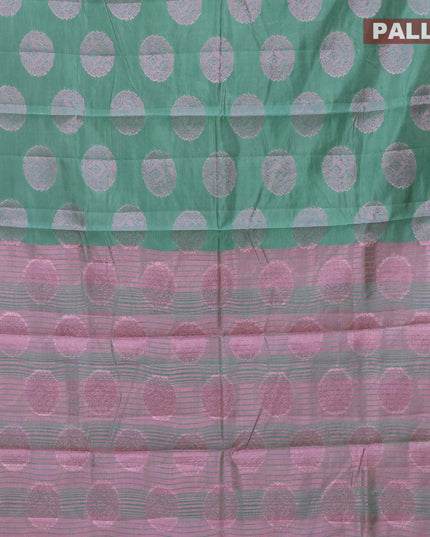 Semi raw silk saree pastel green shade with pink zari woven buttas and pink zari woven border - {{ collection.title }} by Prashanti Sarees