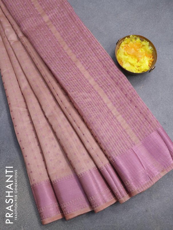 Semi raw silk saree pastel peach shade with allover pink zari woven 1000 buttas and long pink zari woven border - {{ collection.title }} by Prashanti Sarees