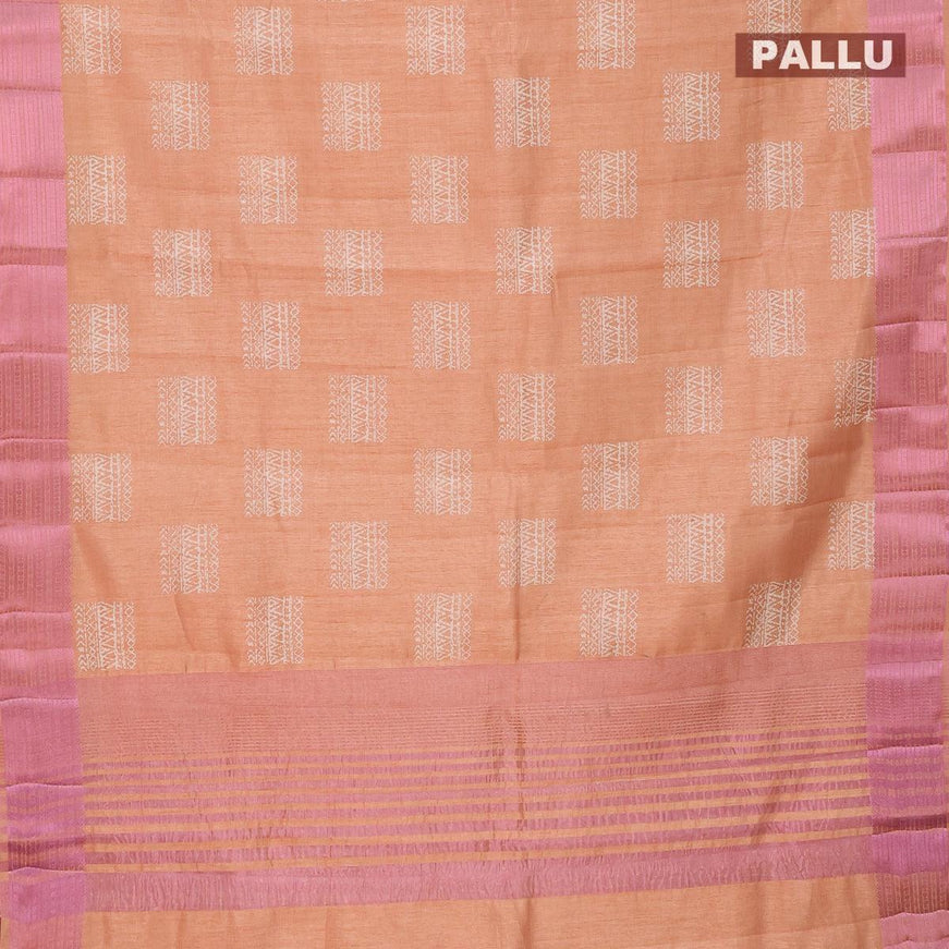 Semi raw silk saree pastel peach shade with box type butta prints and pink zari woven border - {{ collection.title }} by Prashanti Sarees