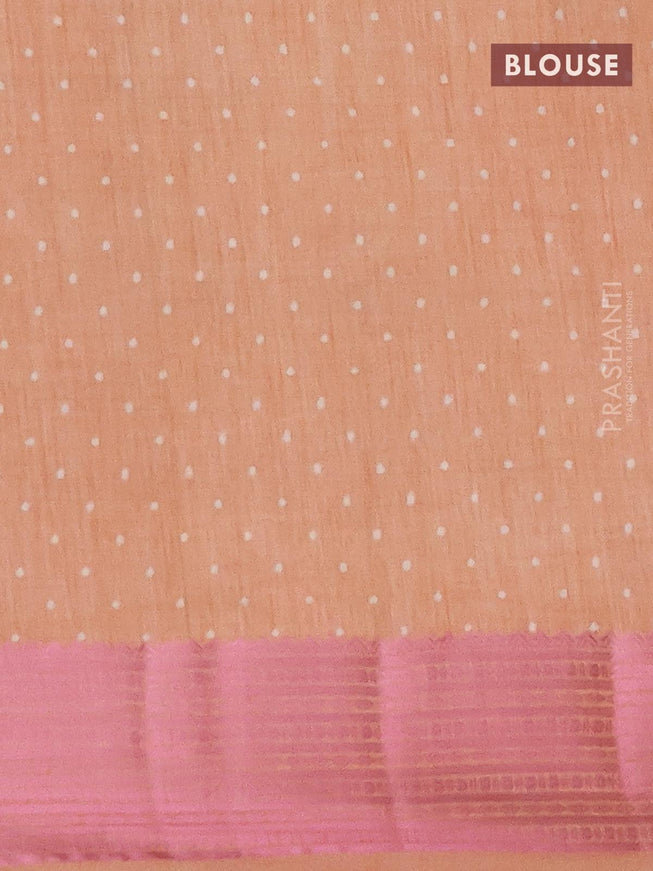 Semi raw silk saree pastel peach shade with box type butta prints and pink zari woven border - {{ collection.title }} by Prashanti Sarees