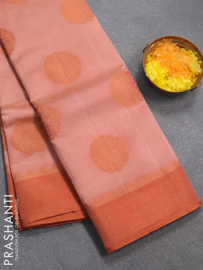 Semi raw silk saree pastel peach with copper zari woven buttas and copper zari woven border - {{ collection.title }} by Prashanti Sarees