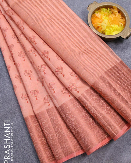 Semi raw silk saree peach orange with butta prints and copper zari woven border - {{ collection.title }} by Prashanti Sarees