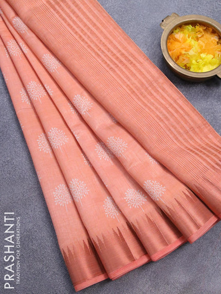 Semi raw silk saree peach orange with butta prints and temple design copper zari woven border - {{ collection.title }} by Prashanti Sarees