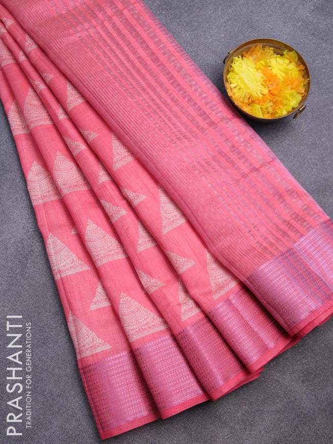 Semi raw silk saree peach pink with geometric butta prints and pink zari woven border - {{ collection.title }} by Prashanti Sarees
