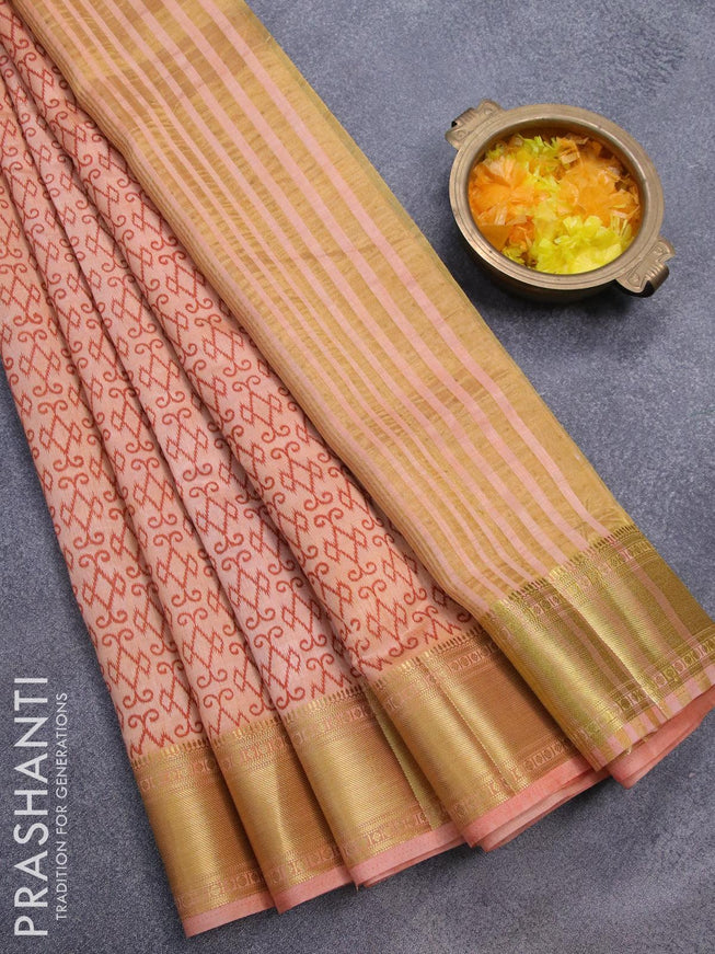 Semi raw silk saree peach shade with allover ikat prints and zari woven border - {{ collection.title }} by Prashanti Sarees
