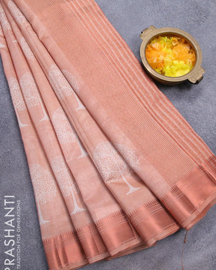 Semi raw silk saree peach shade with tree butta prints and copper zari woven border - {{ collection.title }} by Prashanti Sarees