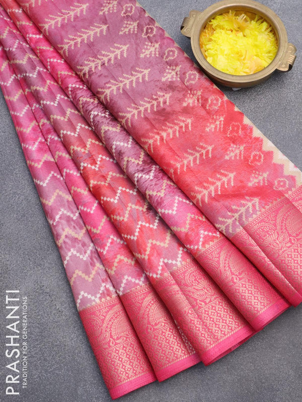 Semi raw silk saree pink and mild purple shade with allover zig zag prints and zari woven border - {{ collection.title }} by Prashanti Sarees