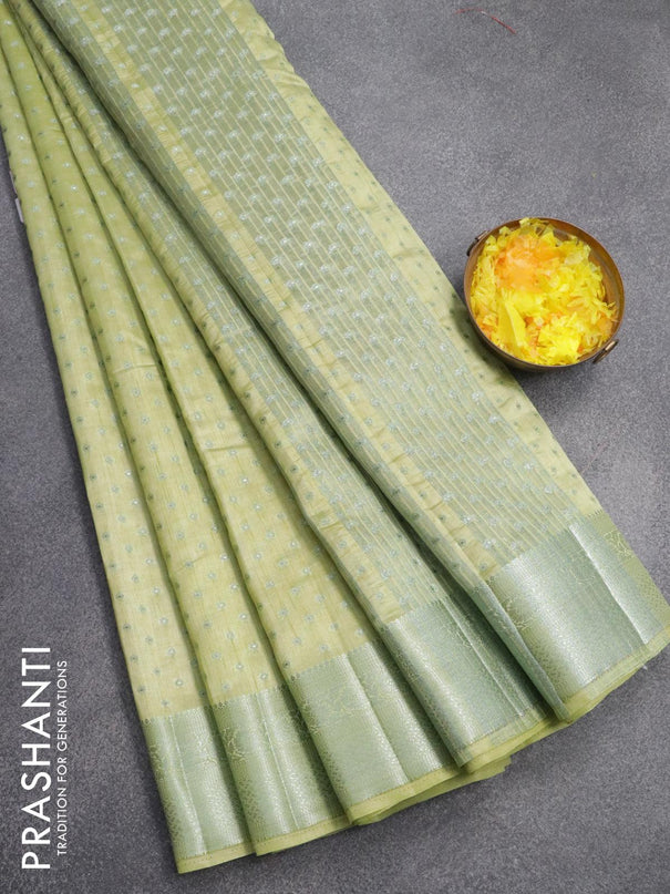 Semi raw silk saree pista green with allover silver zari woven 1000 buttas and silver zari woven border - {{ collection.title }} by Prashanti Sarees