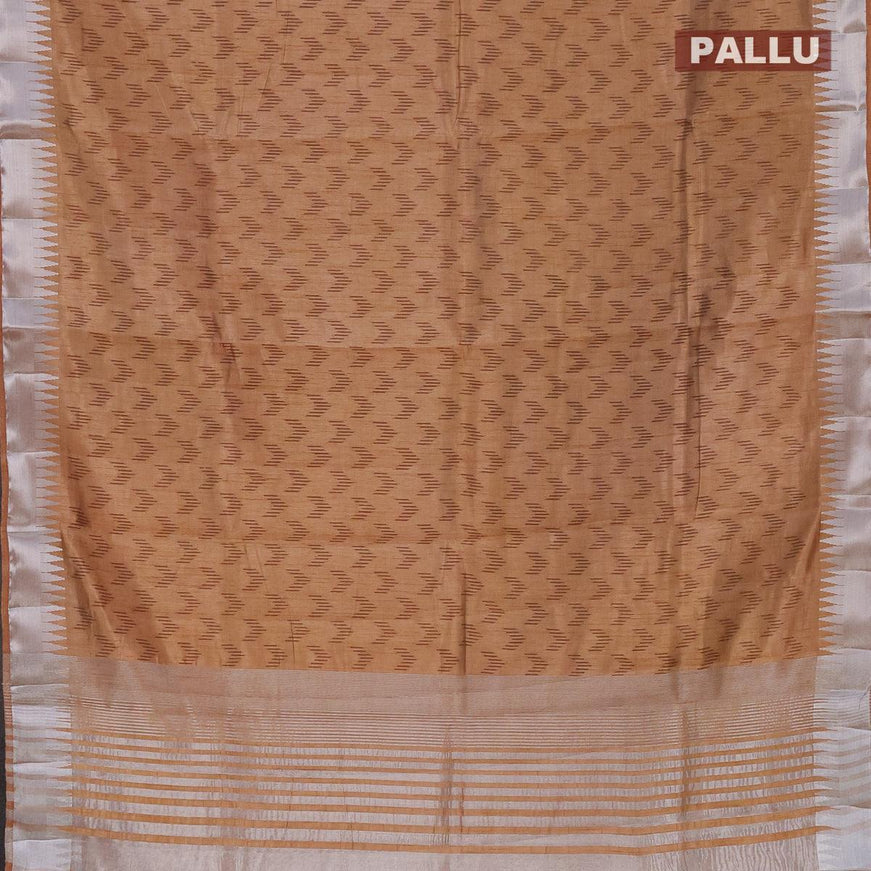 Semi raw silk saree sandal with allover ikat butta prints and temple design silver zari zari woven border - {{ collection.title }} by Prashanti Sarees