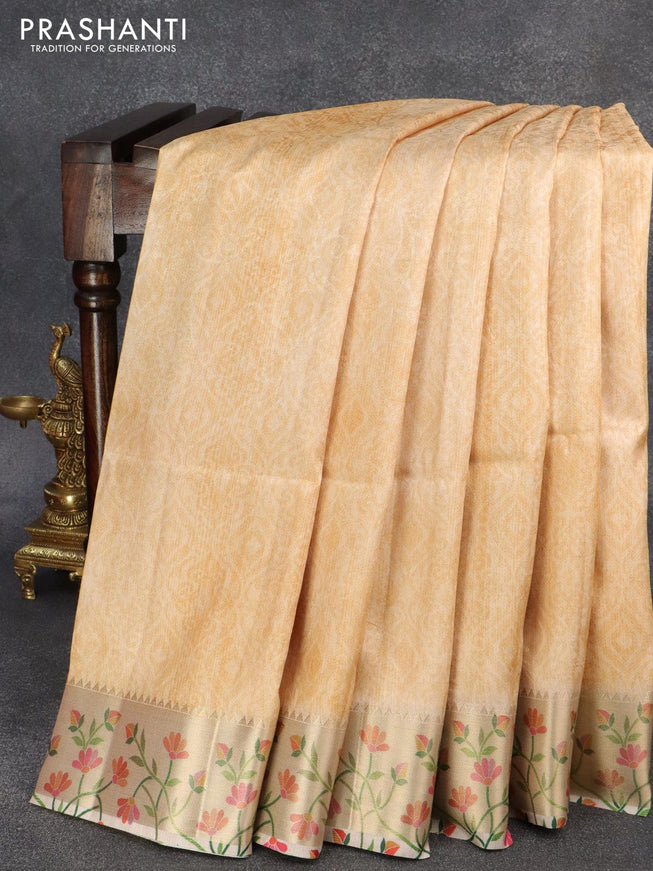 Semi raw silk saree sandal with allover self emboss & digital prints and zari woven paithani border - {{ collection.title }} by Prashanti Sarees