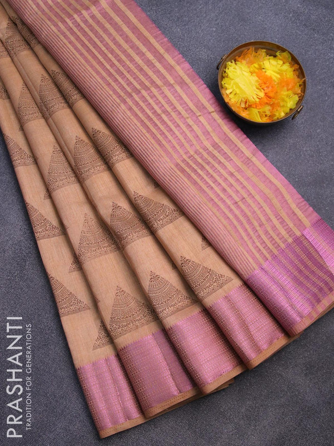 Semi raw silk saree sandal with geometric butta prints and pink zari woven border - {{ collection.title }} by Prashanti Sarees