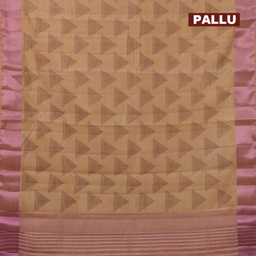 Semi raw silk saree sandal with geometric butta prints and pink zari woven border - {{ collection.title }} by Prashanti Sarees