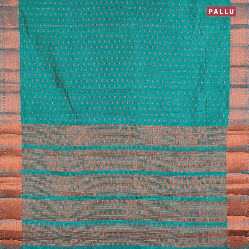 Semi raw silk saree teal blue shade with allover zari woven 1000 buttas and copper zari woven border - {{ collection.title }} by Prashanti Sarees