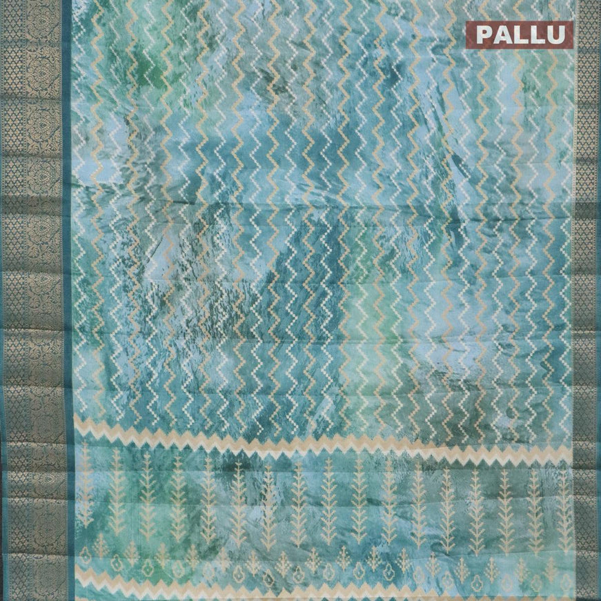 Semi raw silk saree teal blue shade with allover zig zag prints and zari woven border - {{ collection.title }} by Prashanti Sarees