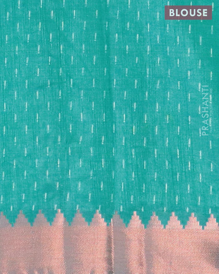 Semi raw silk saree teal blue with butta prints and temple design copper zari woven border - {{ collection.title }} by Prashanti Sarees