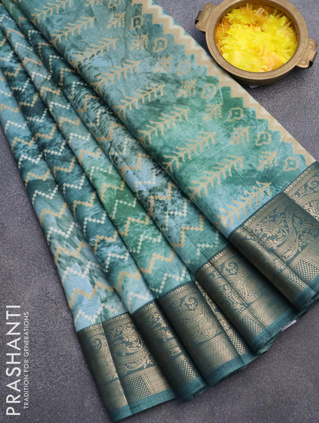 Semi raw silk saree teal green shade with allover zig zag prints and zari woven border - {{ collection.title }} by Prashanti Sarees