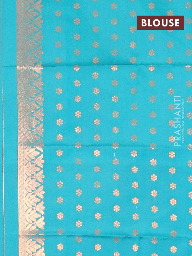 Semi soft silk saree blue and teal green with copper zari woven box type buttas in borderless style - {{ collection.title }} by Prashanti Sarees