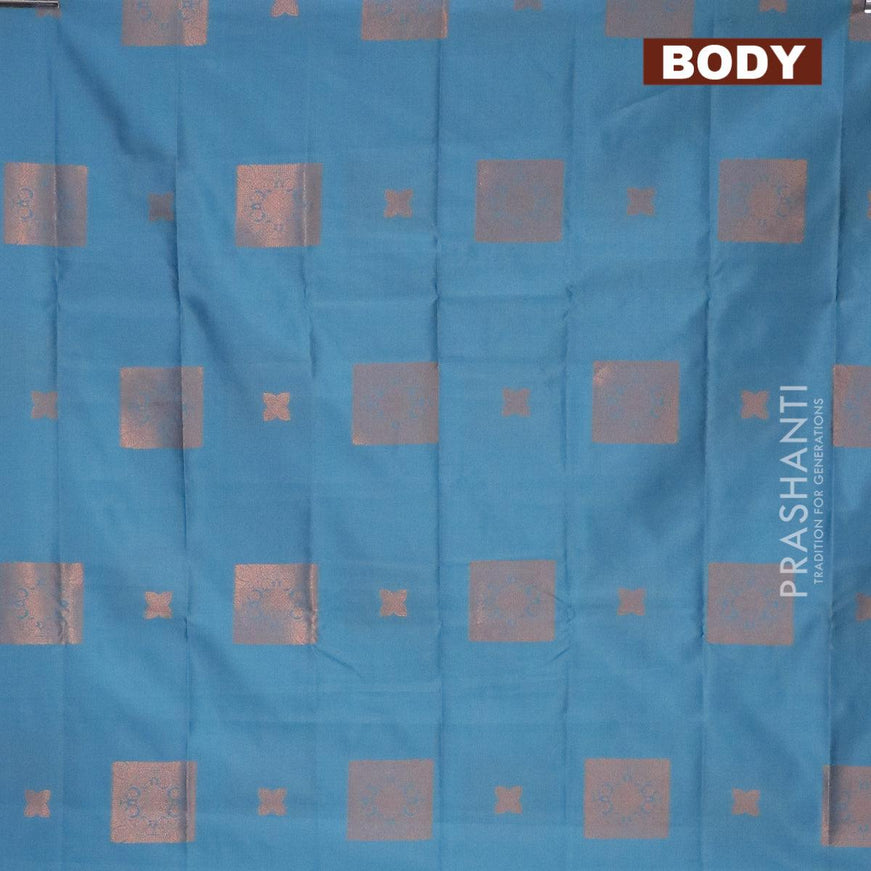 Semi soft silk saree blue shade and blue with copper zari woven buttas in borderless style - {{ collection.title }} by Prashanti Sarees
