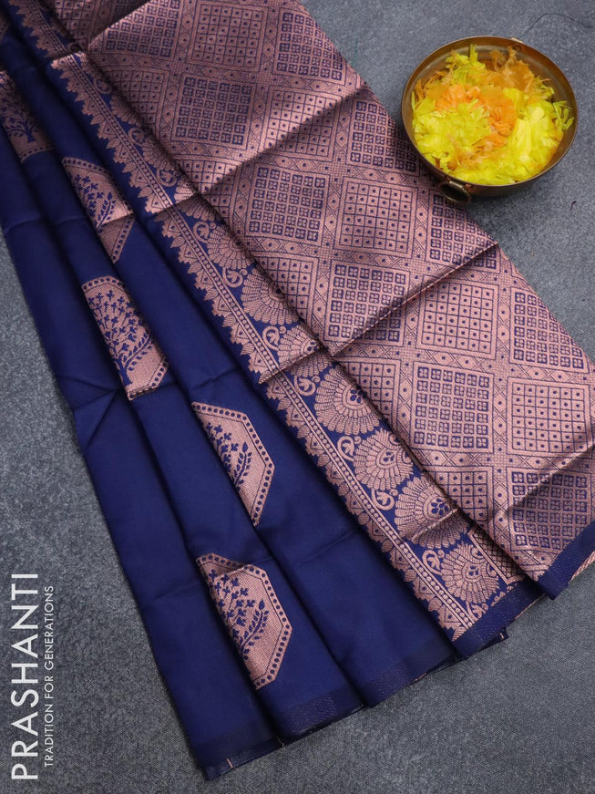 Semi soft silk saree blue with copper zari woven tree buttas in borderless style - {{ collection.title }} by Prashanti Sarees