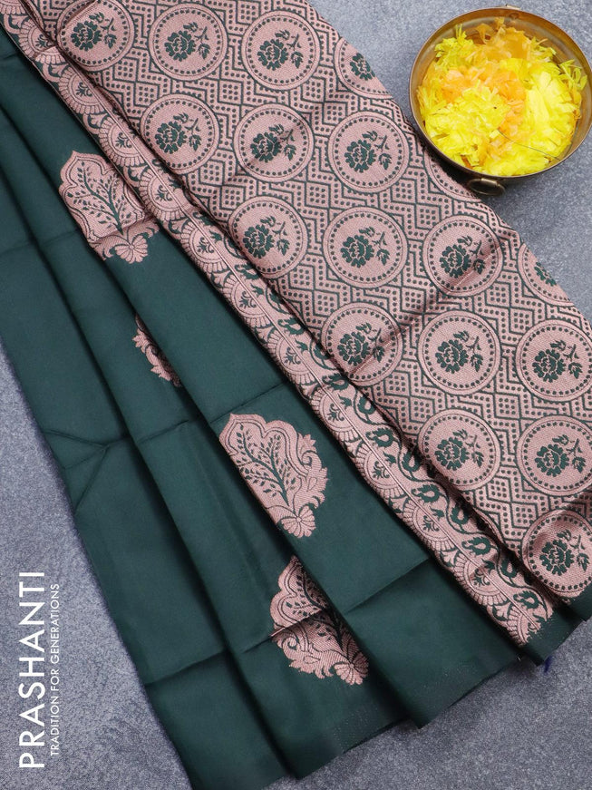 Semi soft silk saree bottle green with thread & zari woven buttas in borderless style - {{ collection.title }} by Prashanti Sarees