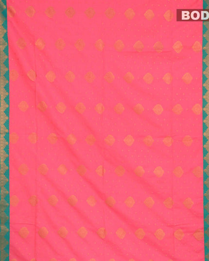 Semi soft silk saree candy pink and teal green with allover copper zari woven buttas and copper zari woven border - {{ collection.title }} by Prashanti Sarees