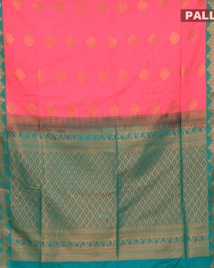 Semi soft silk saree candy pink and teal green with allover copper zari woven buttas and copper zari woven border - {{ collection.title }} by Prashanti Sarees