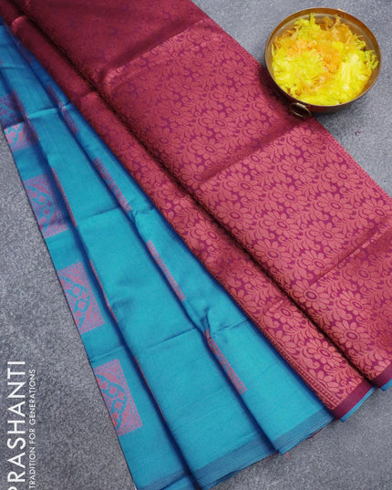 Semi soft silk saree cs blue and dark magenta pink with thread woven box type buttas in borderless style - {{ collection.title }} by Prashanti Sarees